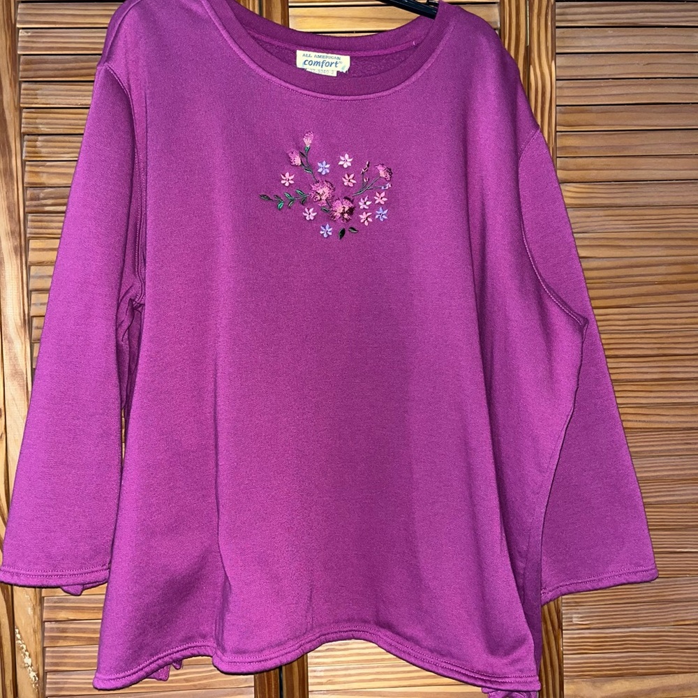 All American Comfort Long Sleeve Embroidered‎ Flowers Berry Sweatshirt 3X